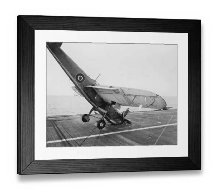 Framed Print : Fairey Barracuda II, hitting the barrier and falling onto its nose on HMS Ravager Framed Print : Fairey Barracuda II, hitting the barrier and falling onto its nose on HMS Ravager
