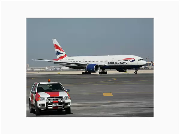 Boeing 777-200 British Airways at Dubai airport with ramp vehicle