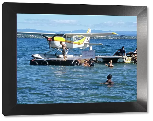 Cessna seaplane on pontoon on Lake Taupo, New Zealand
