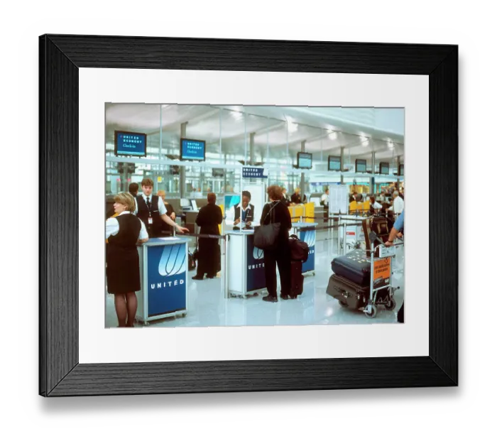 Framed Print : united check in desks us airliner exra security t2 munich int airport loasby luggage baggage suitcases trollie Framed Print : united check in desks us airliner exra security t2 munich int airport loasby luggage baggage suitcases trollie