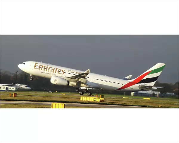 Emirates;A330;rotate;arabic logo;wheels still down;take off