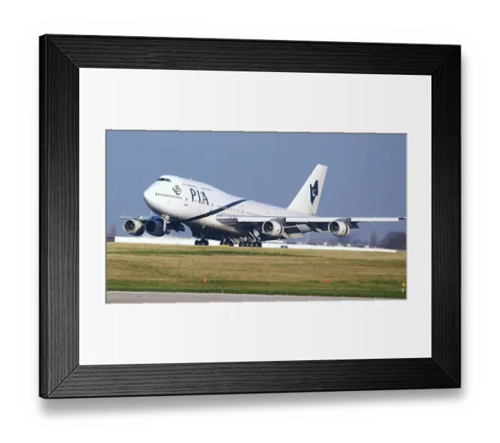 Framed Print : PIA;747-200;landing;nosewheel coming down;white aircraft sunny day;manchester Framed Print : PIA;747-200;landing;nosewheel coming down;white aircraft sunny day;manchester