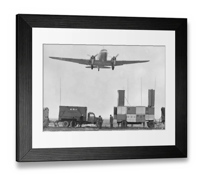 Framed Print : Douglas DC3 flying over controlled ground approach equipment 1947 at Heathrow Framed Print : Douglas DC3 flying over controlled ground approach equipment 1947 at Heathrow