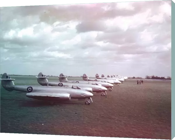 RAF Meteor F4s on the ground at an airbase in 1946
