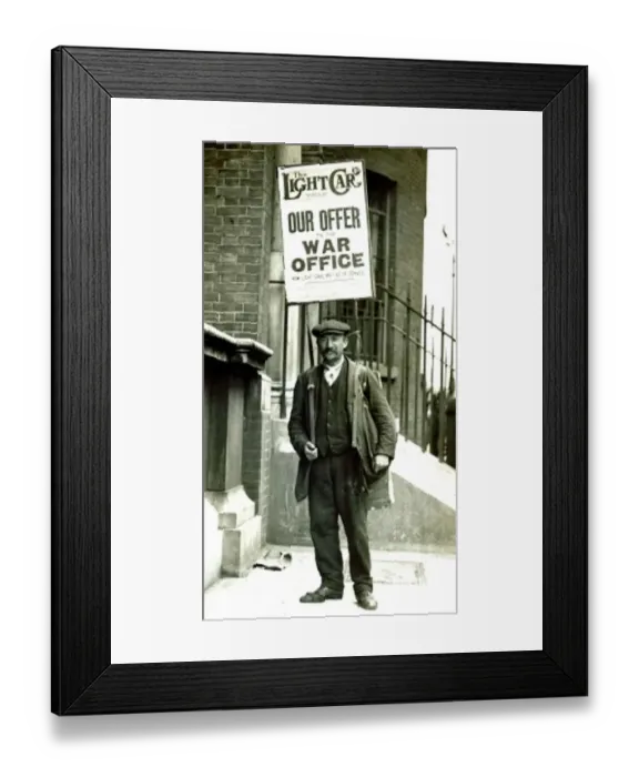 : August 1914 Street advert carried by a man in a london Street appealing for cars for the War effort : August 1914 Street advert carried by a man in a london Street appealing for cars for the War effort