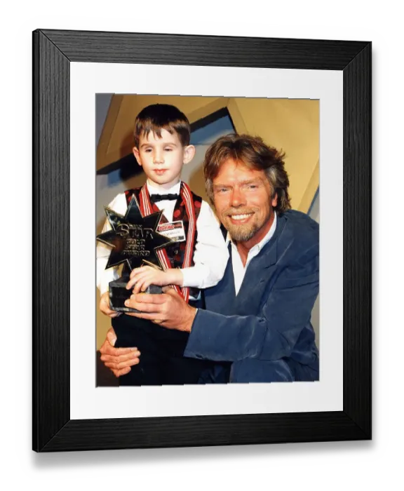 Framed Print : Richard Branson and Daily Star Gold award winner seven year old Nicholas Killen Framed Print : Richard Branson and Daily Star Gold award winner seven year old Nicholas Killen