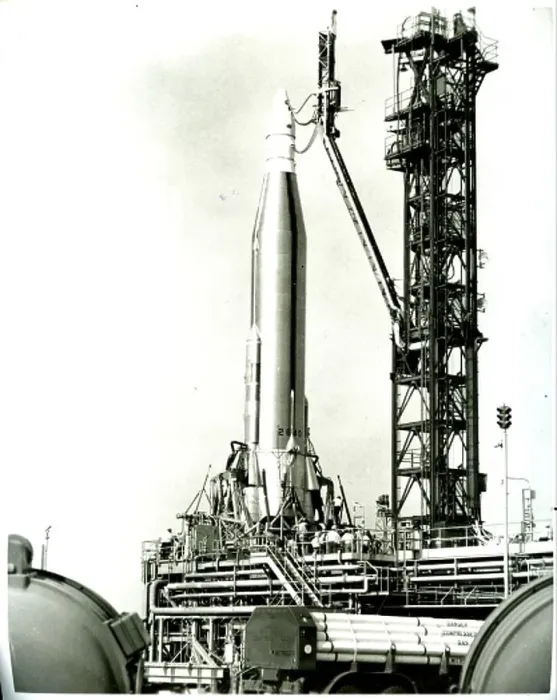 : Atlas Antares Rocket attached to a Project Fire Spacecraft at Cape Kenedy May 1965 : Atlas Antares Rocket attached to a Project Fire Spacecraft at Cape Kenedy May 1965