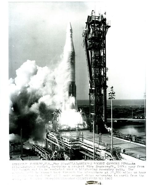 Atlas Antares Rocket carries a Project Fire Spacecraft as it launches from Cape Kenedy May 1965