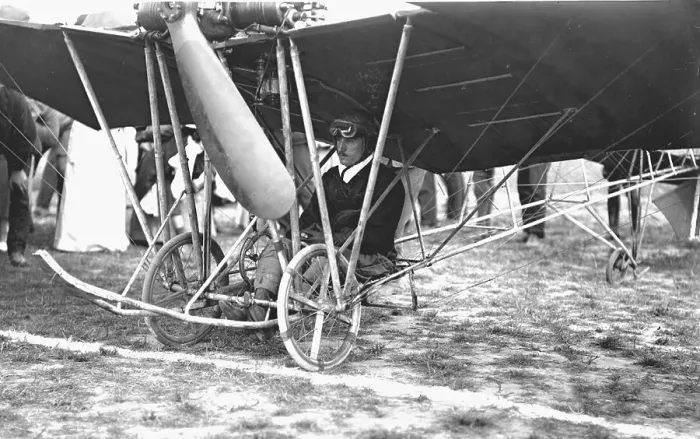 Framed Print : Audemars sitting under his high-wing, wire-braced Demoiselle monoplane Framed Print : Audemars sitting under his high-wing, wire-braced Demoiselle monoplane
