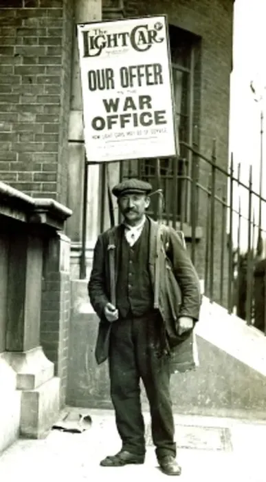 : August 1914 Street advert carried by a man in a london Street appealing for cars for the War effort : August 1914 Street advert carried by a man in a london Street appealing for cars for the War effort