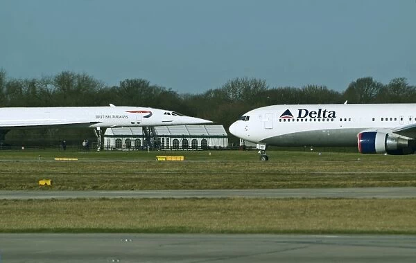 BAe Concorde now on display and Boeing 767 Delta at Manchester Airport