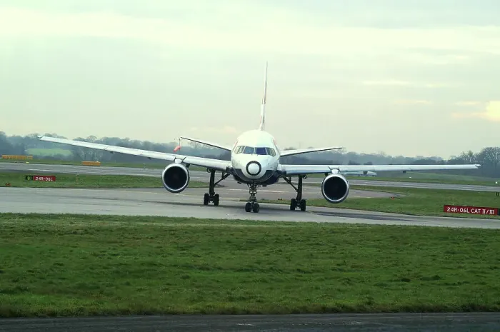 Framed Print : black nose;circular nose; painted nose;B757;taxing; manchester Framed Print : black nose;circular nose; painted nose;B757;taxing; manchester