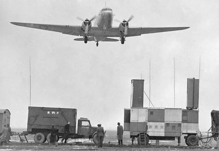 Framed Print : Douglas DC3 flying over controlled ground approach equipment 1947 at Heathrow Framed Print : Douglas DC3 flying over controlled ground approach equipment 1947 at Heathrow