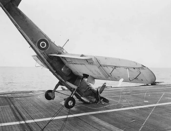 Framed Print : Fairey Barracuda II, hitting the barrier and falling onto its nose on HMS Ravager Framed Print : Fairey Barracuda II, hitting the barrier and falling onto its nose on HMS Ravager