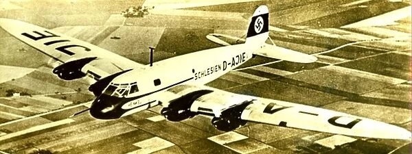 Heinkel four engine aircraft in Flight with Nazi Swastika insignia
