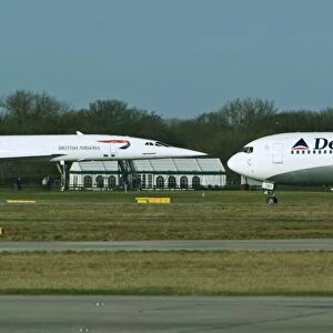 BAe Concorde now on display and Boeing 767 Delta at Manchester Airport