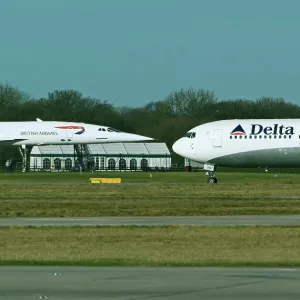 BAe Concorde now on display and Boeing 767 Delta at Manchester Airport