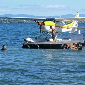 Cessna seaplane on pontoon on Lake Taupo, New Zealand