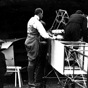 Claude Grahame-White overseeing the erection of Bleriot monoplane