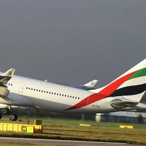 Emirates;A330;rotate;arabic logo;wheels still down;take off