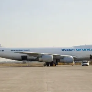 Ocean Airlines 747 Cargo at Brescia Italy with nose Cargo open Ocean Airlines 747 Cargo at Brescia Italy with nose Cargo open