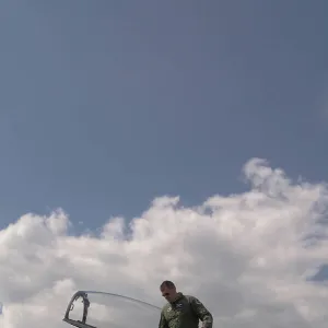 Pilot disembarking from Boeing F-15E Eagle USAF