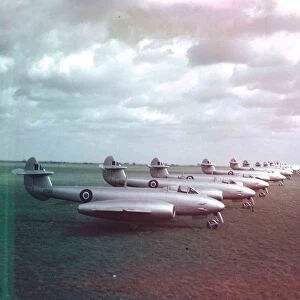 RAF Meteor F4s on the ground at an airbase in 1946
