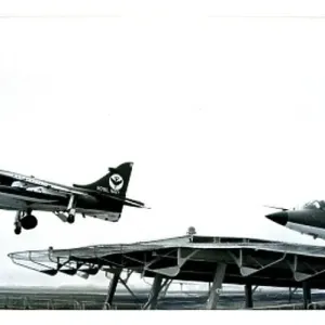 Sea Harriers launch from the deck of an aircraft carrier Sea Harriers launch from the deck of an aircraft carrier