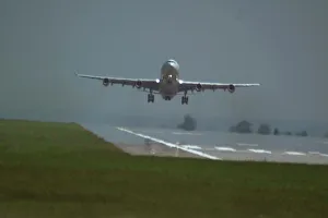 Images Dated 6th June 2006: Airbus A340-300 taking off from East Midlands on a hot day