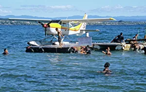 Cessna seaplane on pontoon on Lake Taupo, New Zealand
