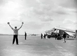 UK, Heathrow, Ramp, Marshaller, 1948, 1940s, Historical, Civil, Activities, Douglas DC-3, DC3, Sabena, Ceased, Avro, Lancastrian, Ground, Side