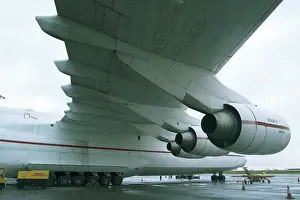 view of under the starboard wing othe words largest aircraft the Antonov 225