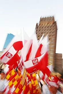 Flight Collection: waving poland national glags in warsaw aparade